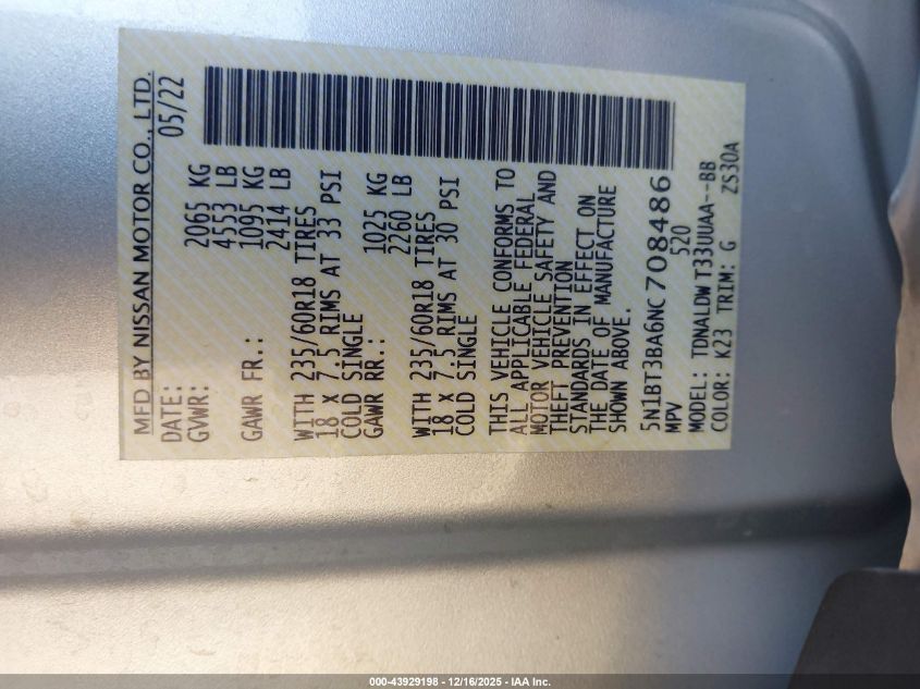 2022 Nissan Rogue Sv Fwd VIN: 5N1BT3BA6NC708486 Lot: 43929198