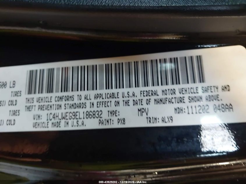 2014 Jeep Wrangler Unlimited Sahara VIN: 1C4HJWEG9EL186832 Lot: 43929202