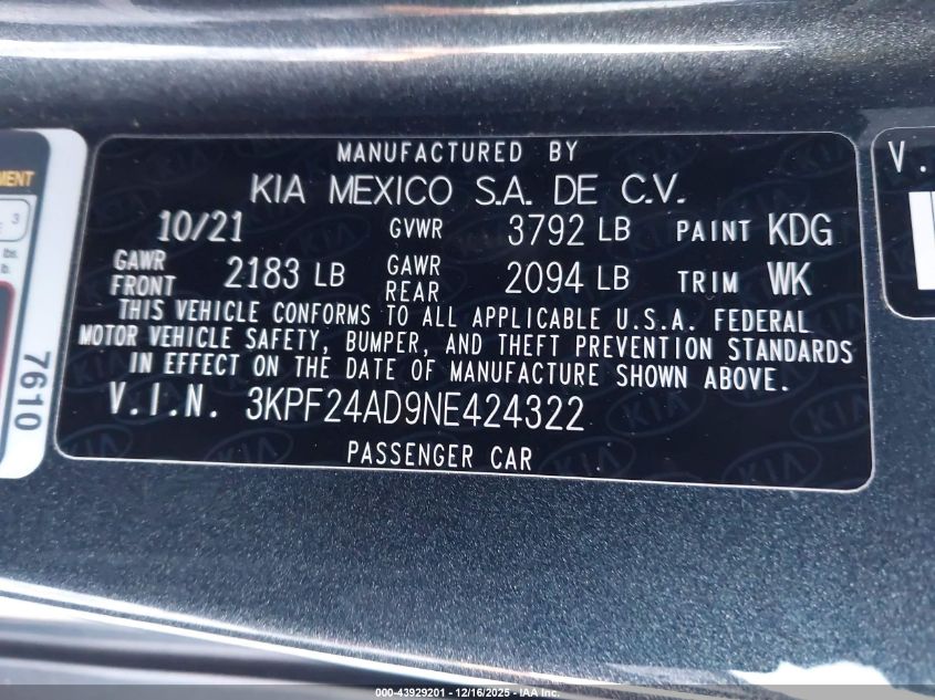 2022 Kia Forte Lxs VIN: 3KPF24AD9NE424322 Lot: 43929201