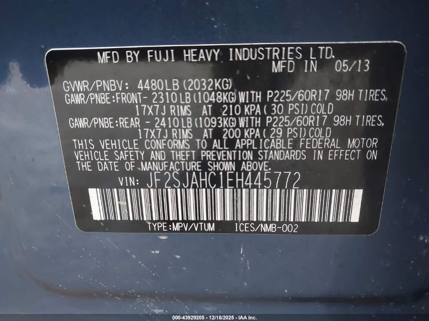 2014 Subaru Forester 2.5I Limited VIN: JF2SJAHC1EH445772 Lot: 43929205