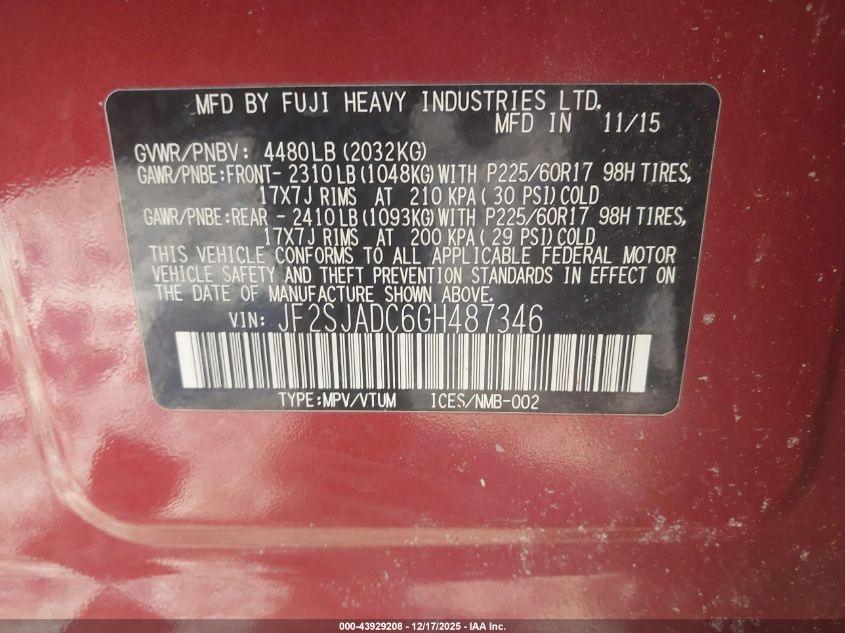 2016 Subaru Forester 2.5I Premium VIN: JF2SJADC6GH487346 Lot: 43929208