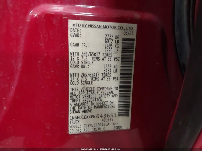 2023 Nissan Frontier Sv 4X4 VIN: 1N6ED1EK4PN643651 Lot: 43929214