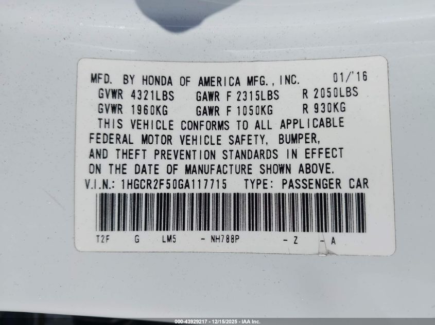 2016 Honda Accord Sport VIN: 1HGCR2F50GA117715 Lot: 43929217