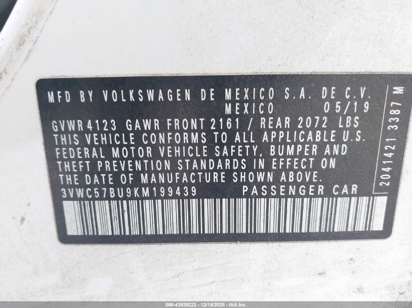 2019 Volkswagen Jetta 1.4T R-Line/1.4T S/1.4T Se VIN: 3VWC57BU9KM199439 Lot: 43929222