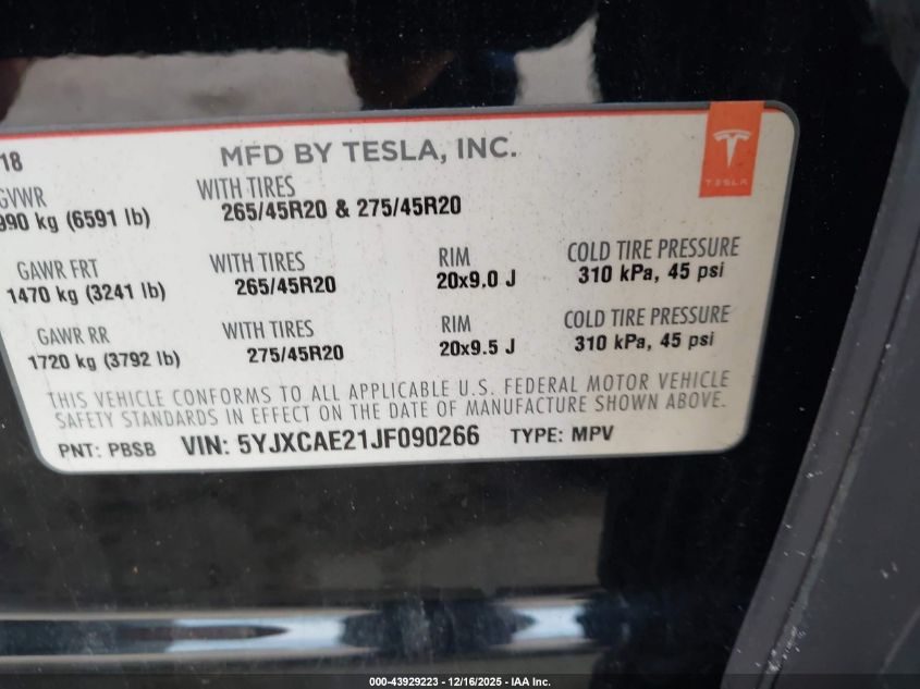 2018 Tesla Model X 100D/75D/P100D VIN: 5YJXCAE21JF090266 Lot: 43929223