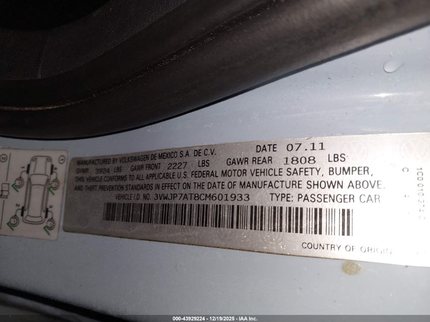 2012 Volkswagen Beetle 2.5L VIN: 3VWJP7AT8CM601933 Lot: 43929224