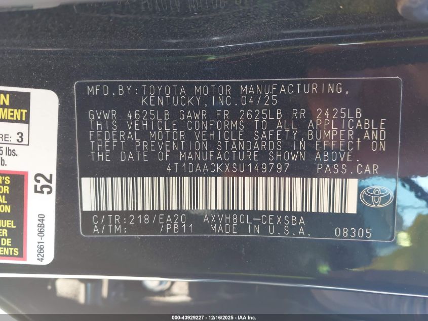 2025 Toyota Camry Se VIN: 4T1DAACKXSU149797 Lot: 43929227