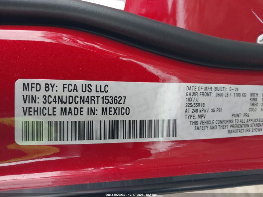 2024 Jeep Compass Limited 4X4 VIN: 3C4NJDCN4RT153627 Lot: 43929232
