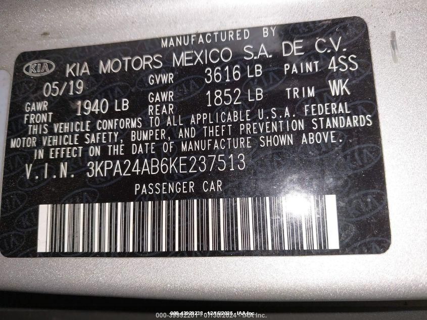 2019 Kia Rio Lx VIN: 3KPA24AB6KE237513 Lot: 43929238