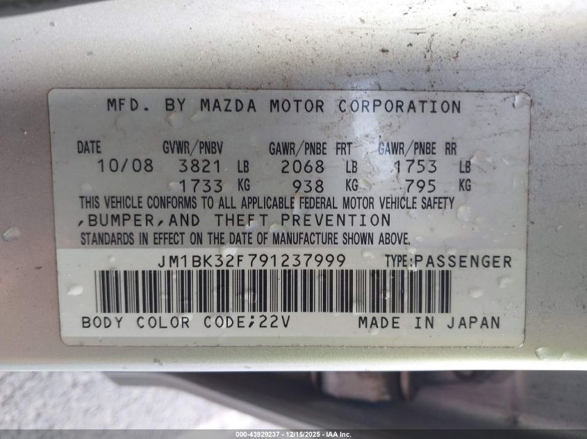2009 Mazda Mazda3 I VIN: JM1BK32F791237999 Lot: 43929237