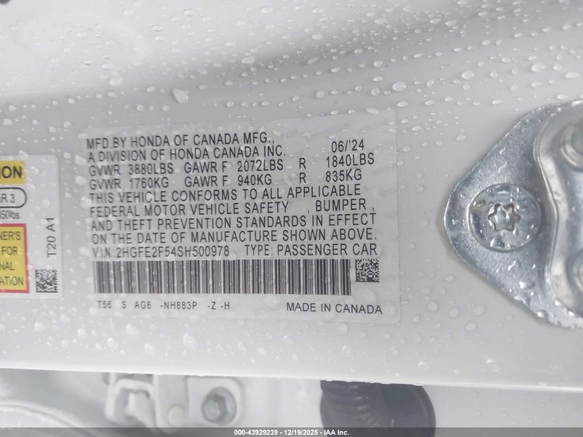 2025 Honda Civic Sport VIN: 2HGFE2F54SH500978 Lot: 43929239
