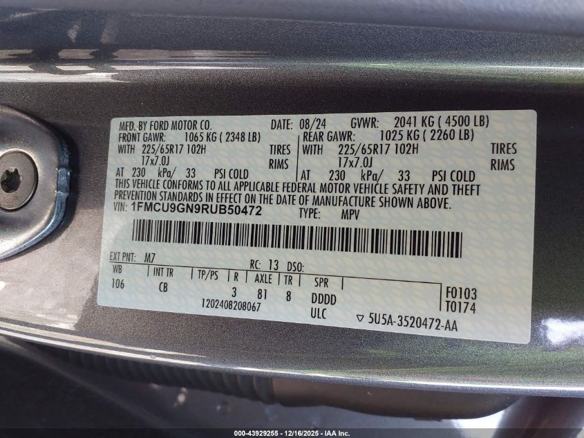 2024 Ford Escape Active VIN: 1FMCU9GN9RUB50472 Lot: 43929255