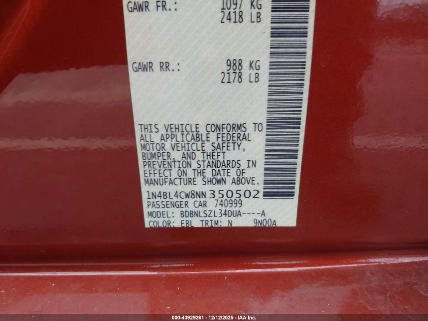 2022 Nissan Altima Sr Intelligent Awd VIN: 1N4BL4CW8NN350502 Lot: 43929261