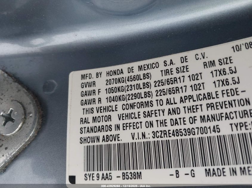 2009 Honda Cr-V Ex VIN: 3CZRE48539G700145 Lot: 43929268