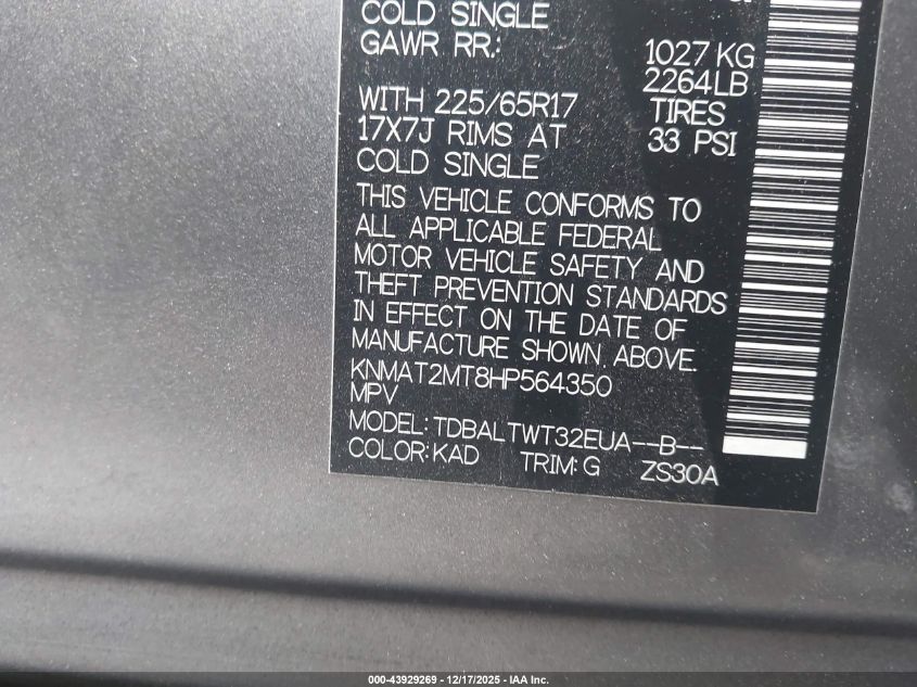 2017 Nissan Rogue Sv VIN: KNMAT2MT8HP564350 Lot: 43929269