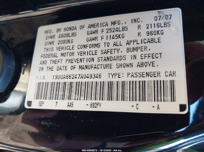 2007 Acura Tl 3.2 VIN: 19UUA66247A049346 Lot: 43929272