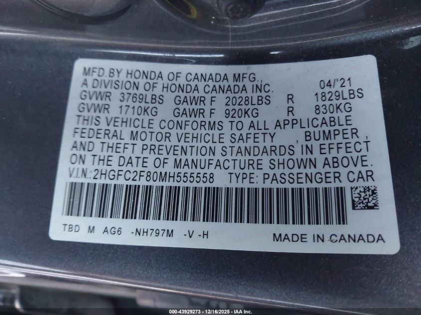 2021 Honda Civic Sport VIN: 2HGFC2F80MH555558 Lot: 43929273