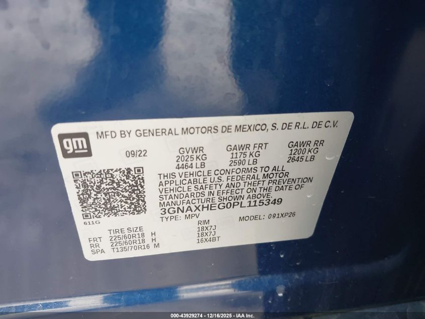 2023 Chevrolet Equinox Fwd Ls VIN: 3GNAXHEG0PL115349 Lot: 43929274