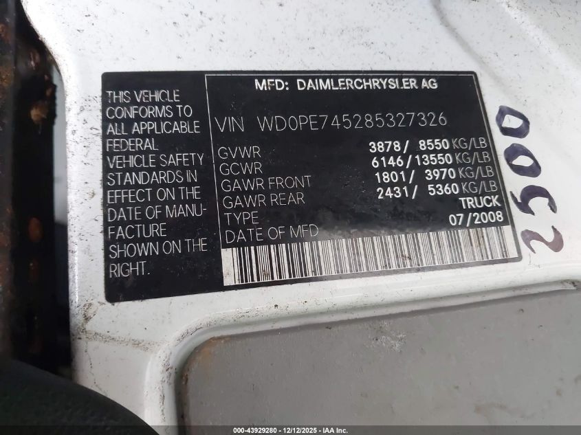 2008 Dodge Sprinter Van 2500 VIN: WD0PE745285327326 Lot: 43929280