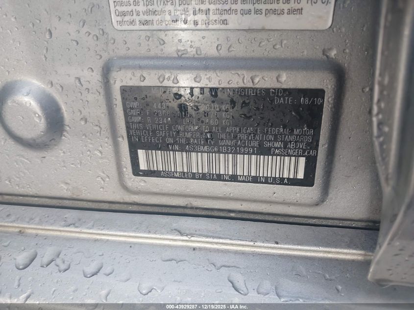 2011 Subaru Legacy 2.5I Premium VIN: 4S3BMBG61B3219991 Lot: 43929287