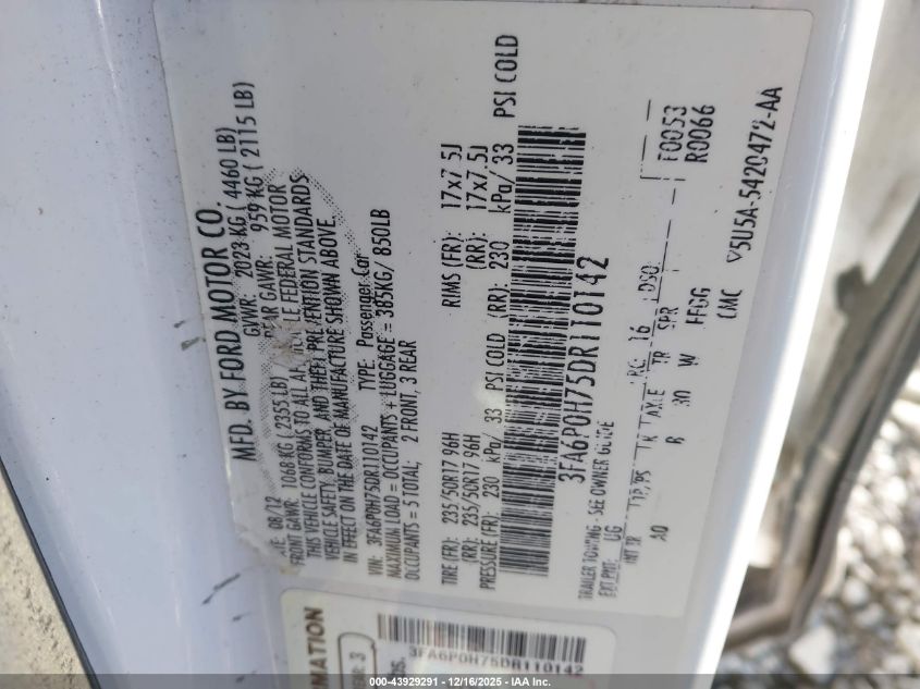 2013 Ford Fusion Se VIN: 3FA6P0H75DR110142 Lot: 43929291