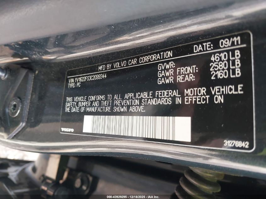 2012 Volvo S60 T5 VIN: YV1622FS3C2099344 Lot: 43929295