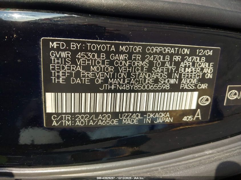 2005 Lexus Sc 430 VIN: JTHFN48Y850065598 Lot: 43929297