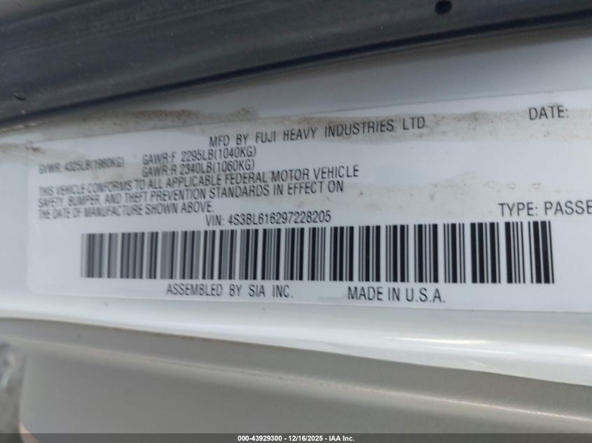 2009 Subaru Legacy 2.5I VIN: 4S3BL616297228205 Lot: 43929300