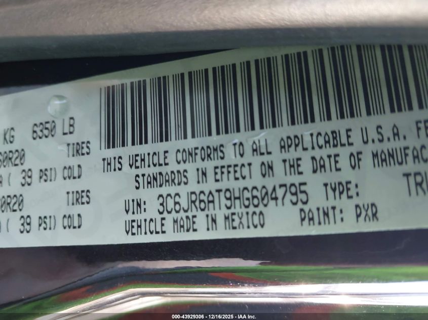 2017 Ram 1500 Express 4X2 6'4 Box VIN: 3C6JR6AT9HG604795 Lot: 43929306