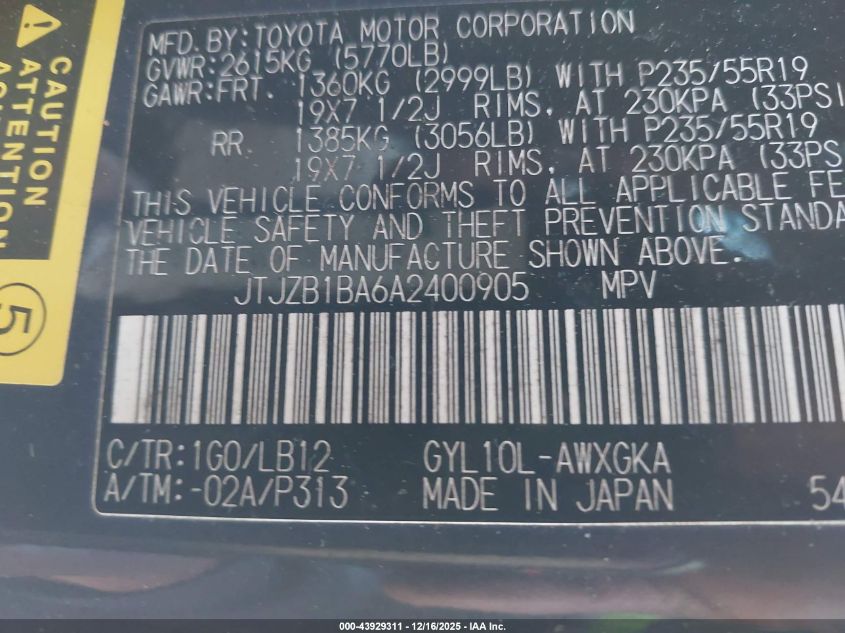 2010 Lexus Rx 450H VIN: JTJZB1BA6A2400905 Lot: 43929311