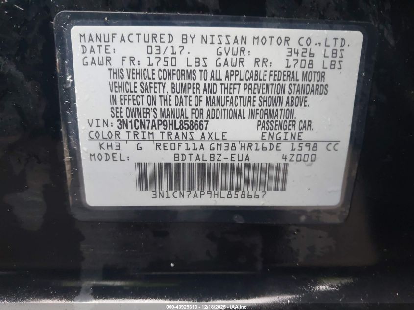 2017 Nissan Versa 1.6 Sv VIN: 3N1CN7AP9HL858667 Lot: 43929313