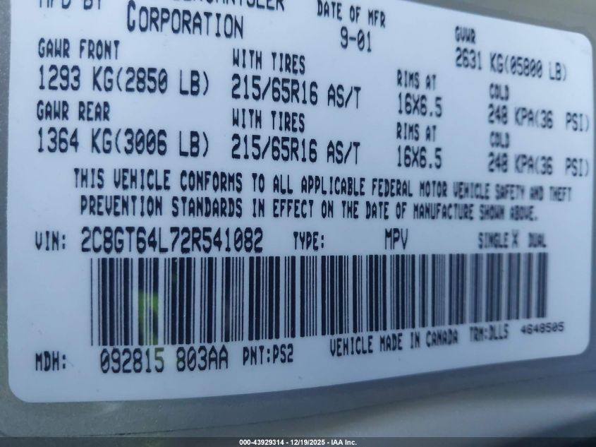 2002 Chrysler Town & Country Limited VIN: 2C8GT64L72R541082 Lot: 43929314