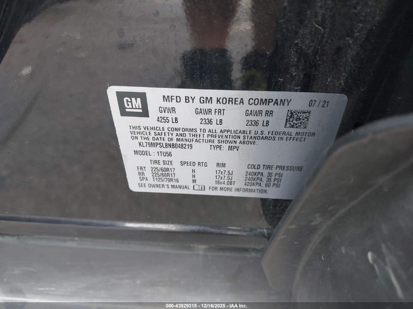 2022 Chevrolet Trailblazer Fwd Lt VIN: KL79MPSL8NB048219 Lot: 43929315