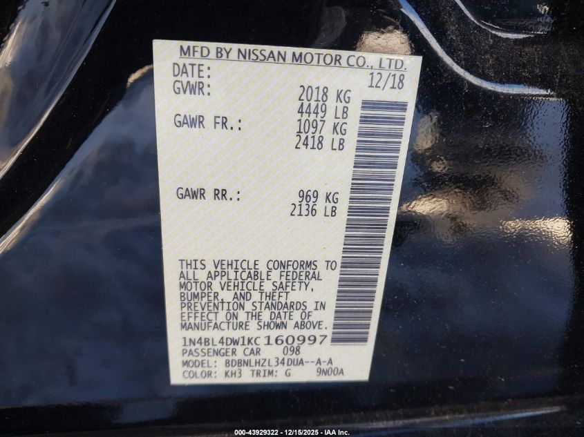 2019 Nissan Altima 2.5 Sv VIN: 1N4BL4DW1KC160997 Lot: 43929322