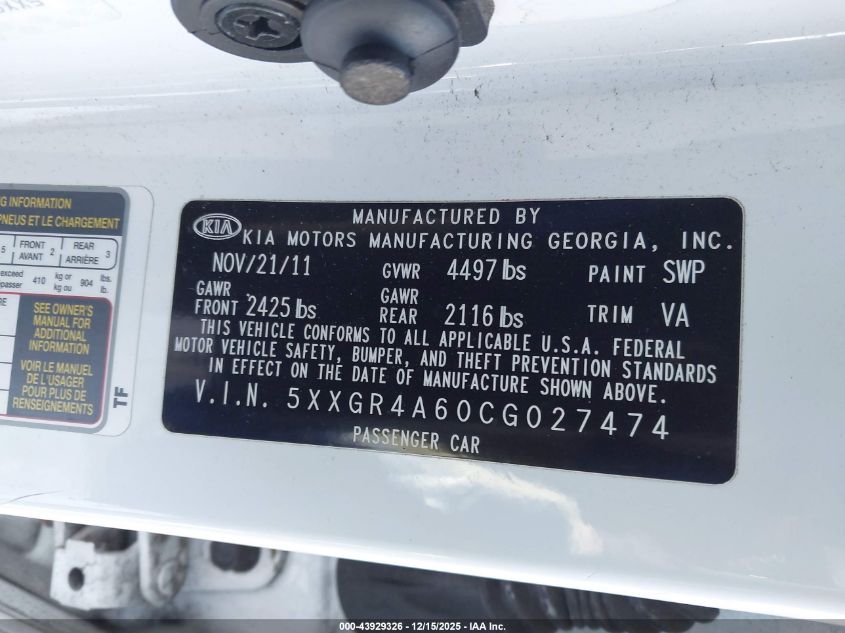 2012 Kia Optima Sx VIN: 5XXGR4A60CG027474 Lot: 43929326