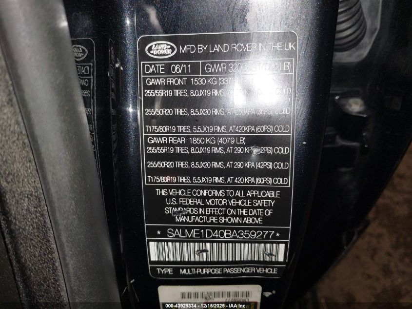 2011 Land Rover Range Rover Hse VIN: SALME1D40BA359277 Lot: 43929334