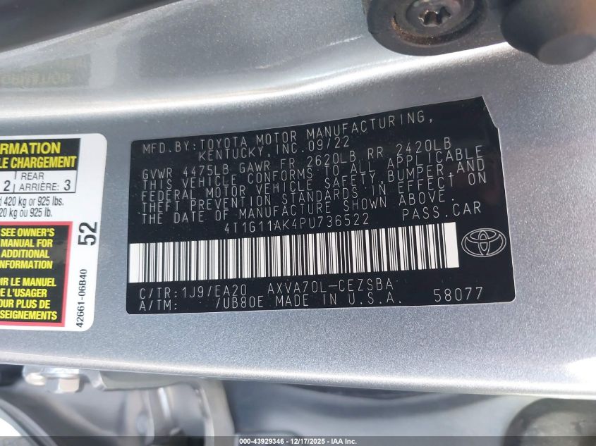 2023 Toyota Camry Se VIN: 4T1G11AK4PU736522 Lot: 43929346