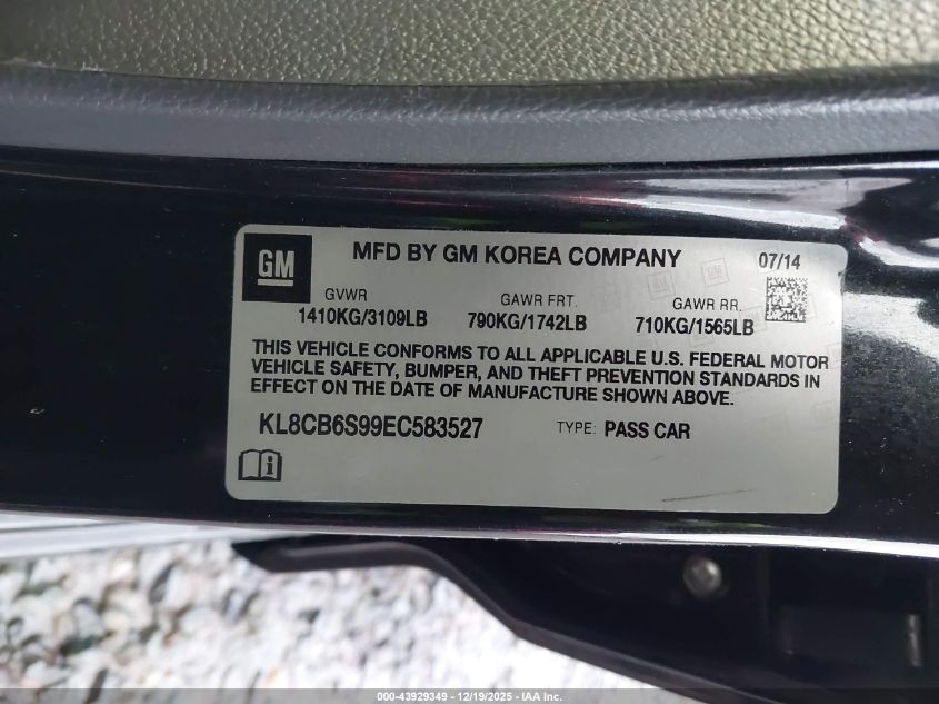 2014 Chevrolet Spark Ls Auto VIN: KL8CB6S99EC583527 Lot: 43929349