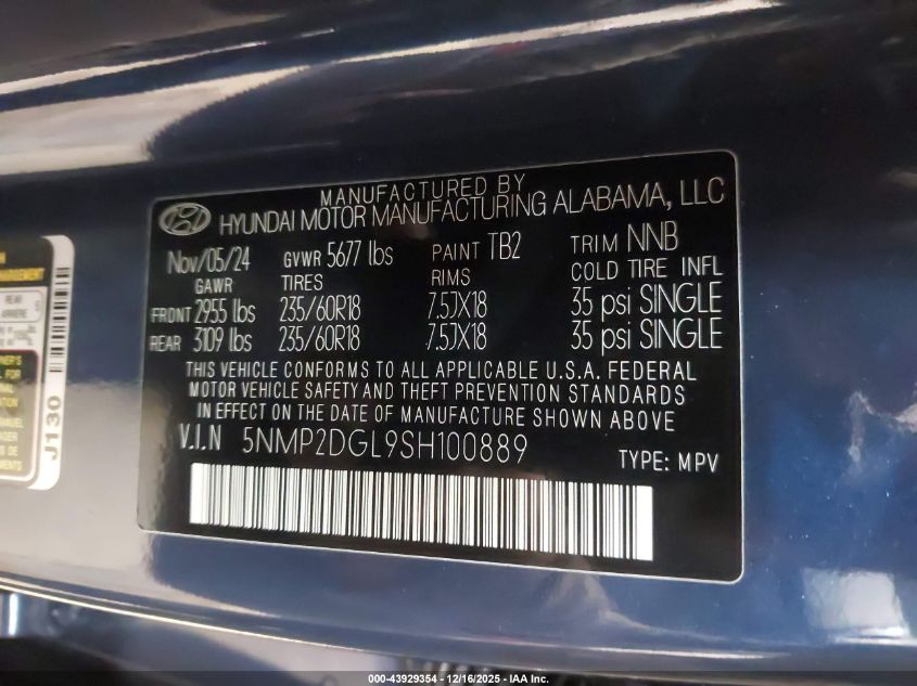 2025 Hyundai Santa Fe Sel VIN: 5NMP2DGL9SH100889 Lot: 43929354