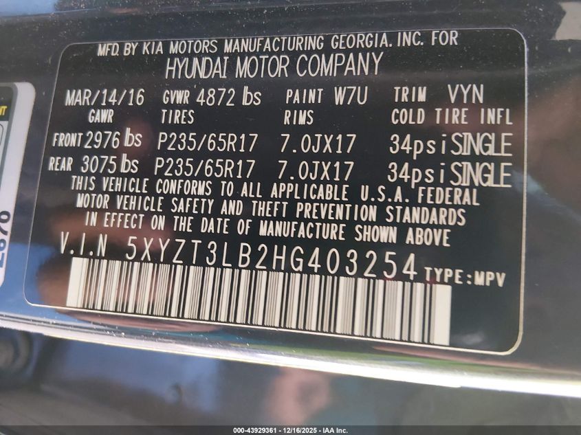 2017 Hyundai Santa Fe Sport 2.4L VIN: 5XYZT3LB2HG403254 Lot: 43929361