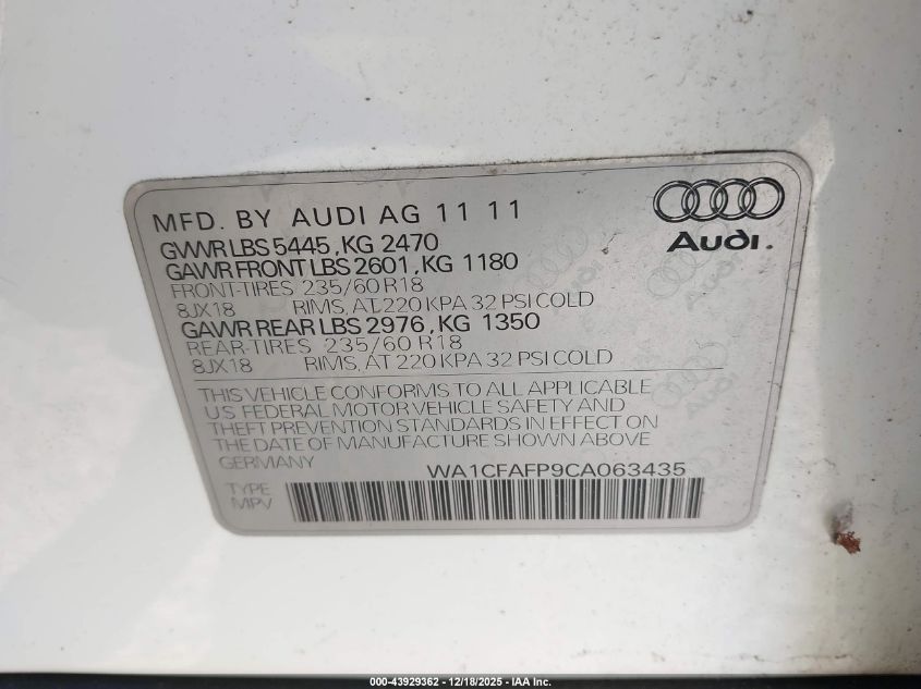 2012 Audi Q5 2.0T Premium VIN: WA1CFAFP9CA063435 Lot: 43929362