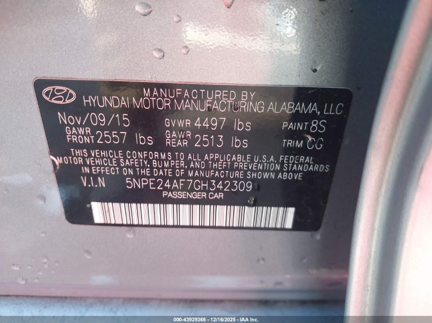 2016 Hyundai Sonata Se VIN: 5NPE24AF7GH342309 Lot: 43929366
