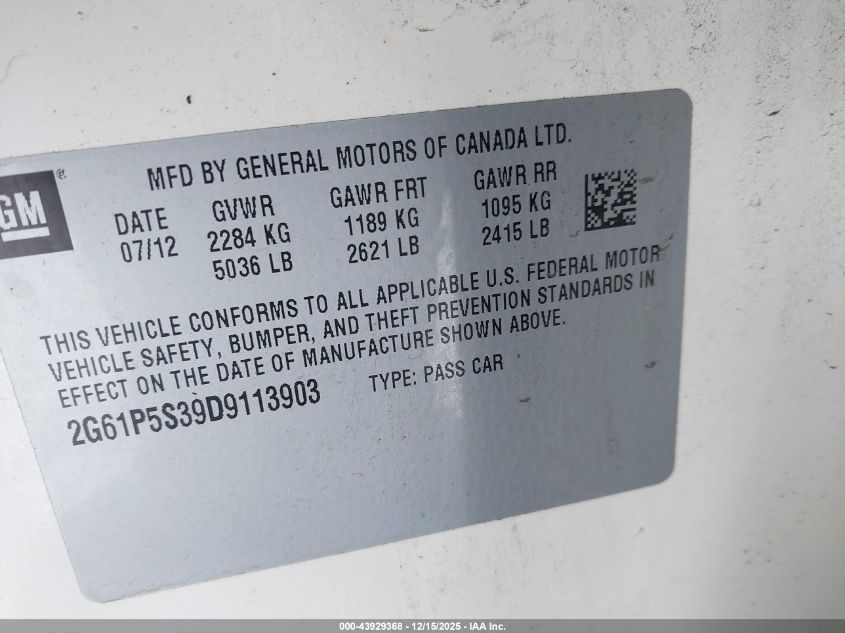 2013 Cadillac Xts Luxury VIN: 2G61P5S39D9113903 Lot: 43929368