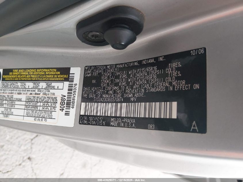 2006 Toyota Sienna Le VIN: 5TDZA23CX6S570874 Lot: 43929371
