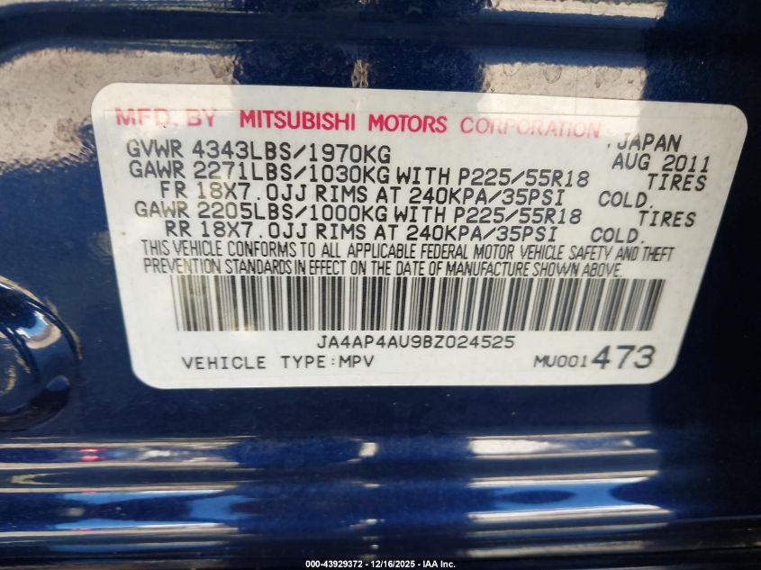 2011 Mitsubishi Outlander Sport Se VIN: JA4AP4AU9BZ024525 Lot: 43929372