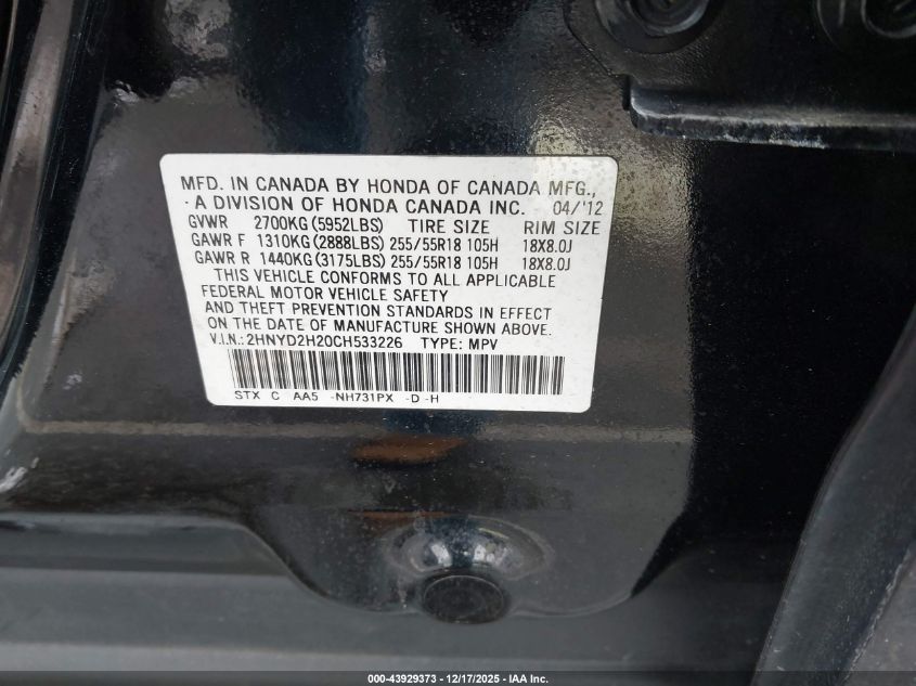 2012 Acura Mdx VIN: 2HNYD2H20CH533226 Lot: 43929373