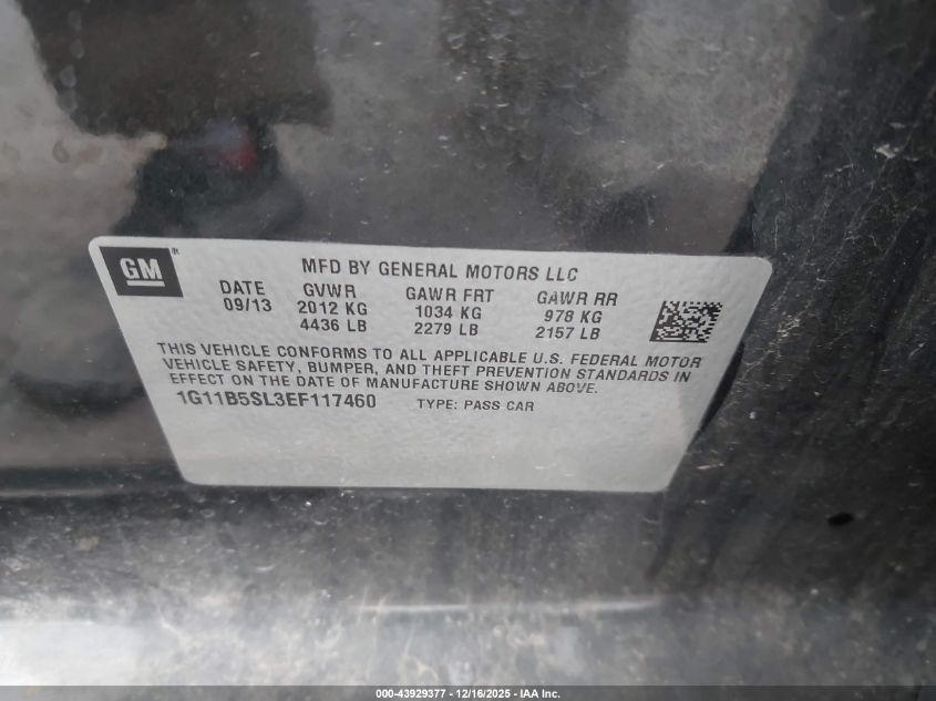 2014 Chevrolet Malibu 1Ls VIN: 1G11B5SL3EF117460 Lot: 43929377