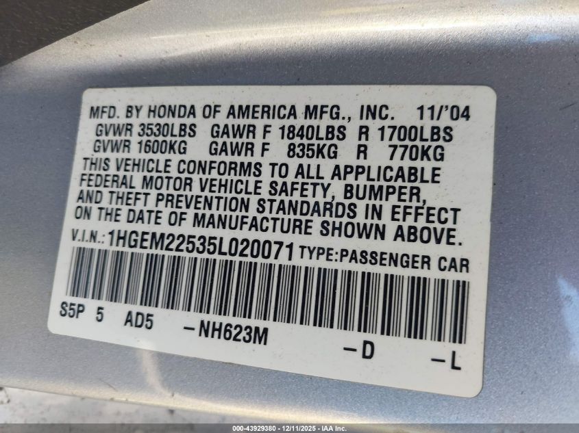 2005 Honda Civic Lx VIN: 1HGEM22535L020071 Lot: 43929380