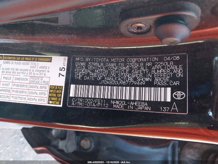 2008 Toyota Prius VIN: JTDKB20U987779449 Lot: 43929383