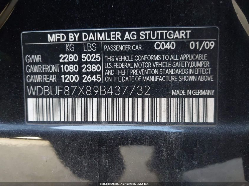 2009 Mercedes-Benz E 350 4Matic VIN: WDBUF87X89B437732 Lot: 43929385